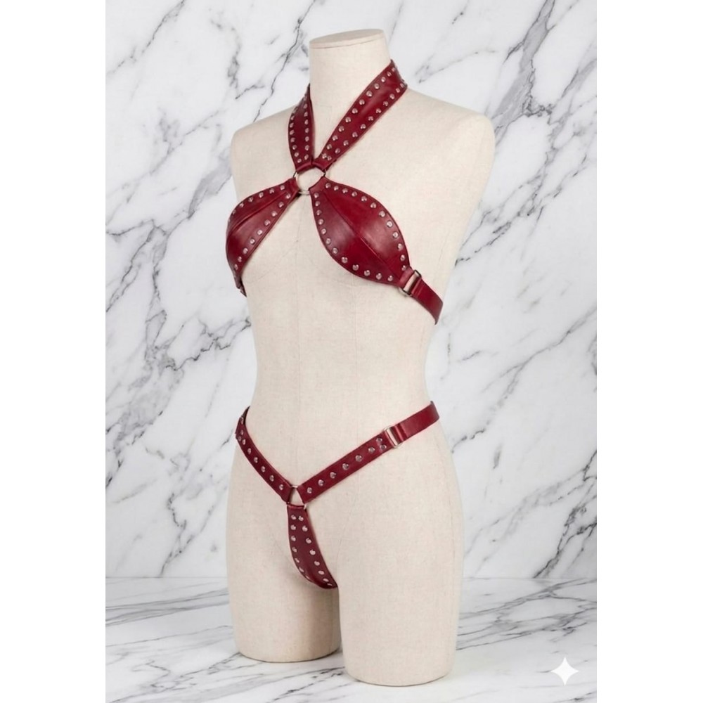 Kırmızı Ateş Taş Detaylı Fantezi Harness Body Seti