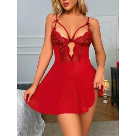  Kırmızı Dantel İşlemeli Göğüs İp Detaylı Fantezi Tül Gecelik Takımı