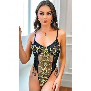 Siyah Çiçek İşlemeli Fantazi Body – Transparan Tül..