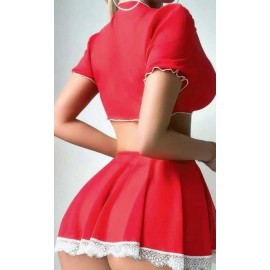 Kırmızı Beyaz Dantel Detaylı Fantazi Kostüm – Bağlamalı Üst ve Mini Etek Takımı