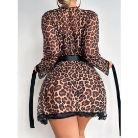 Leopar Desen Jartiyerli Bodysuit Sabahlık Gecelik Takım 258