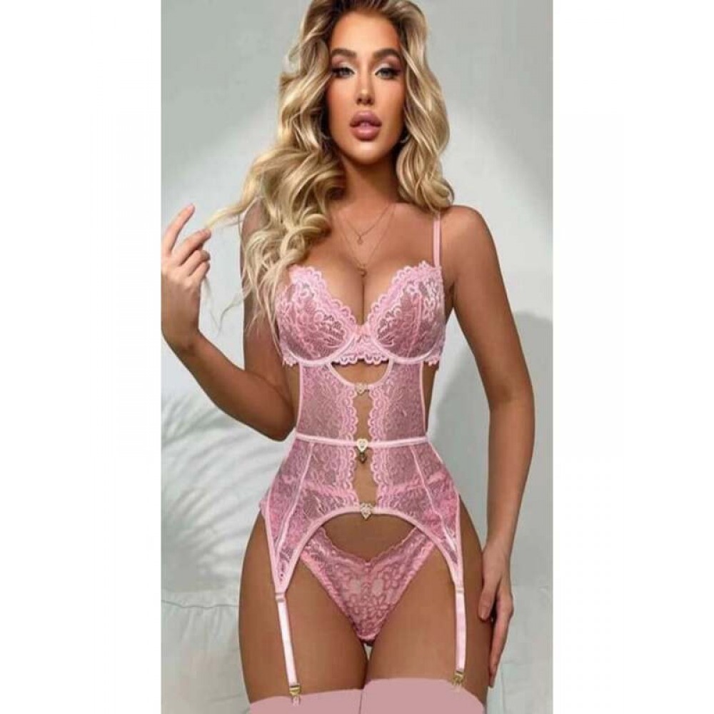 For Dreams 8465 Dantelli Kalp Aksesuar Detaylı Jartiyerli Büstiyer Çorap Takım