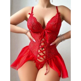 Kırmızı dantel detaylı önü dekolteli fantezi babydoll