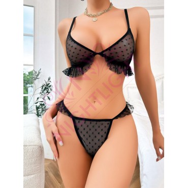 Fırfır Detaylı Puantiyeli Fantazi Sütyen Külot Tak..