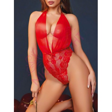 Çiçek Desenli Üst Kısmı Transparan Fantazi Body..