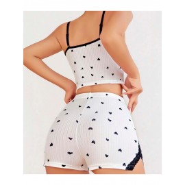 Pamuklu Beyaz Üstüne Siyah Kalp Desen Fitilli Askılı Şortlu Pijama Takımı