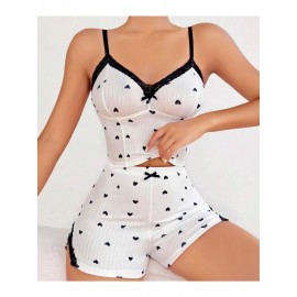 Pamuklu Beyaz Üstüne Siyah Kalp Desen Fitilli Askılı Şortlu Pijama Takımı