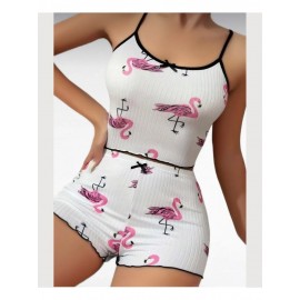 Flamingo Desenli %100 Pamuk Ince Askılı Büstiyer Şort Takım