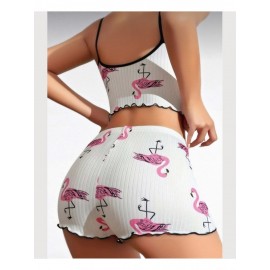 Flamingo Desenli %100 Pamuk Ince Askılı Büstiyer Şort Takım