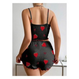 Pamuklu Siyah Üstüne Çilek Desen Fitilli Askılı Şortlu Pijama Takımı
