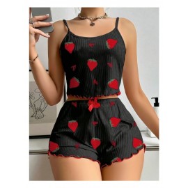 Pamuklu Siyah Üstüne Çilek Desen Fitilli Askılı Şortlu Pijama Takımı
