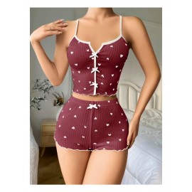 Pamuklu Kahverengi Üstüne Beyaz Kalp Desen Fitilli Askılı Şortlu Pijama Takımı