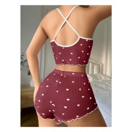 Pamuklu Kahverengi Üstüne Beyaz Kalp Desen Fitilli Askılı Şortlu Pijama Takımı