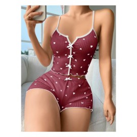 Pamuklu Kahverengi Üstüne Beyaz Kalp Desen Fitilli Askılı Şortlu Pijama Takımı