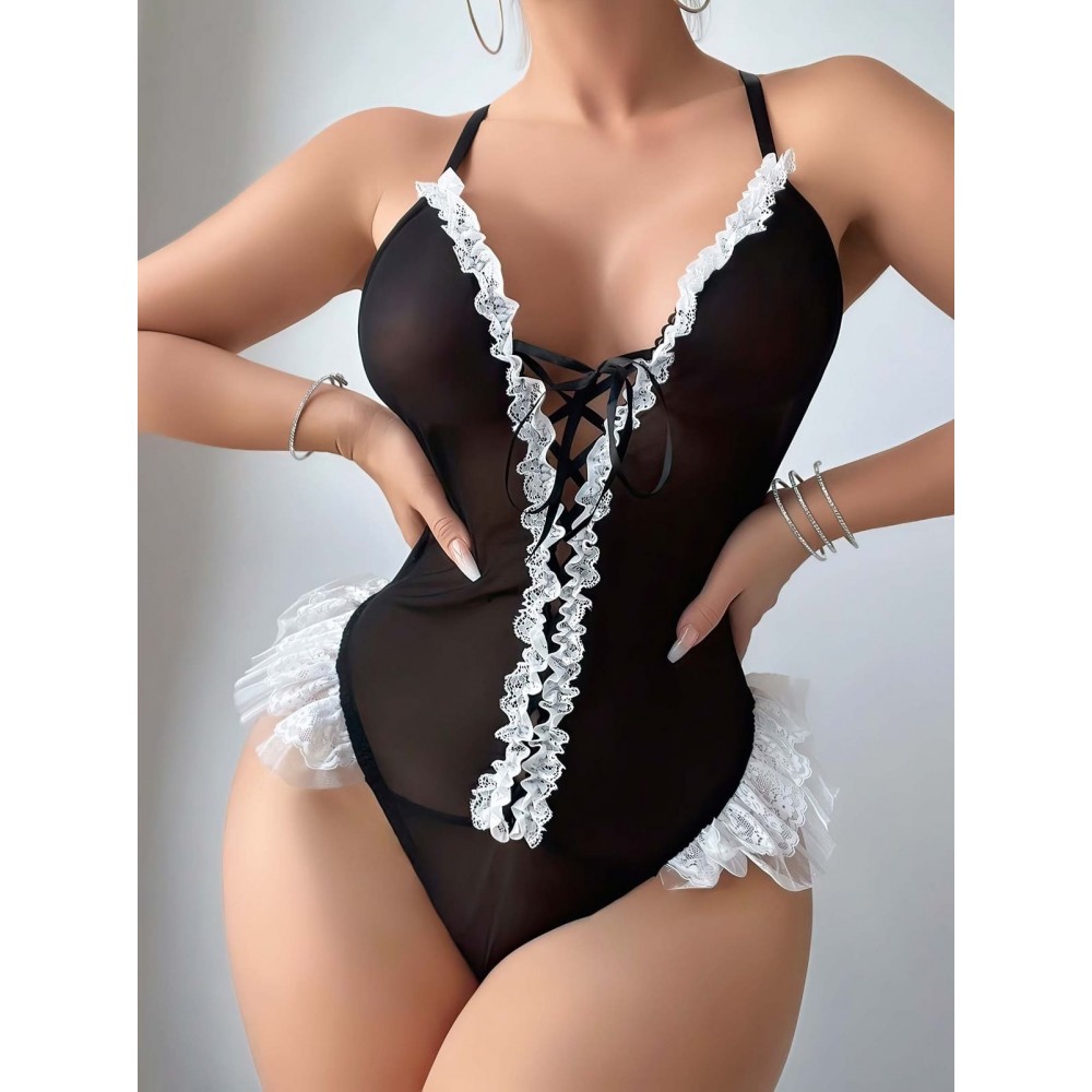 Erotik Siyah Fırfırlı Body 
