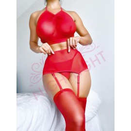 Popo Detaylı Fantazi Kırmızı Jartiyer Takım