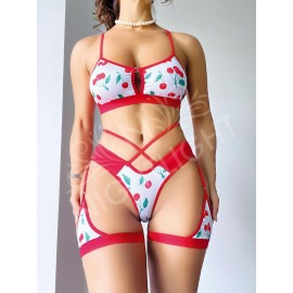 Bacak Bantlı Kiraz Desenli Sütyen Külot Takım