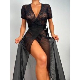  Dantel Detaylı Yandan Bağlamalı Uzun Gecelik