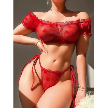 Kadın kırmızı kalp desenli fantezi sütyen külot ta..