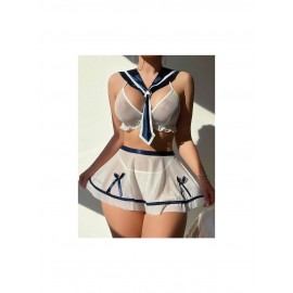 Tüllü Yakası Saten Mini Etekli Beyaz Kadın Fantezi Denizci Kostümü