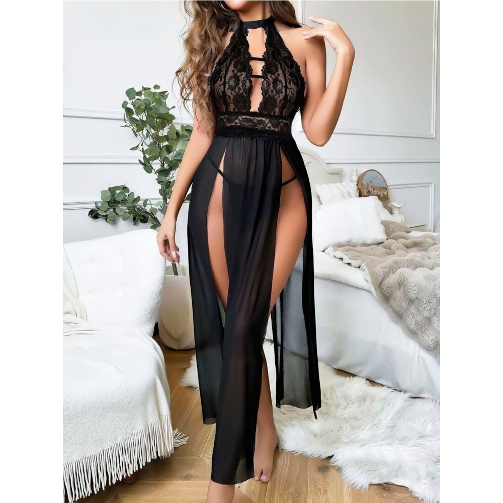 Uzun Derin Dekolteli Dantel Fantezi Gecelik