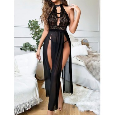 Uzun Derin Dekolteli Dantel Fantezi Gecelik