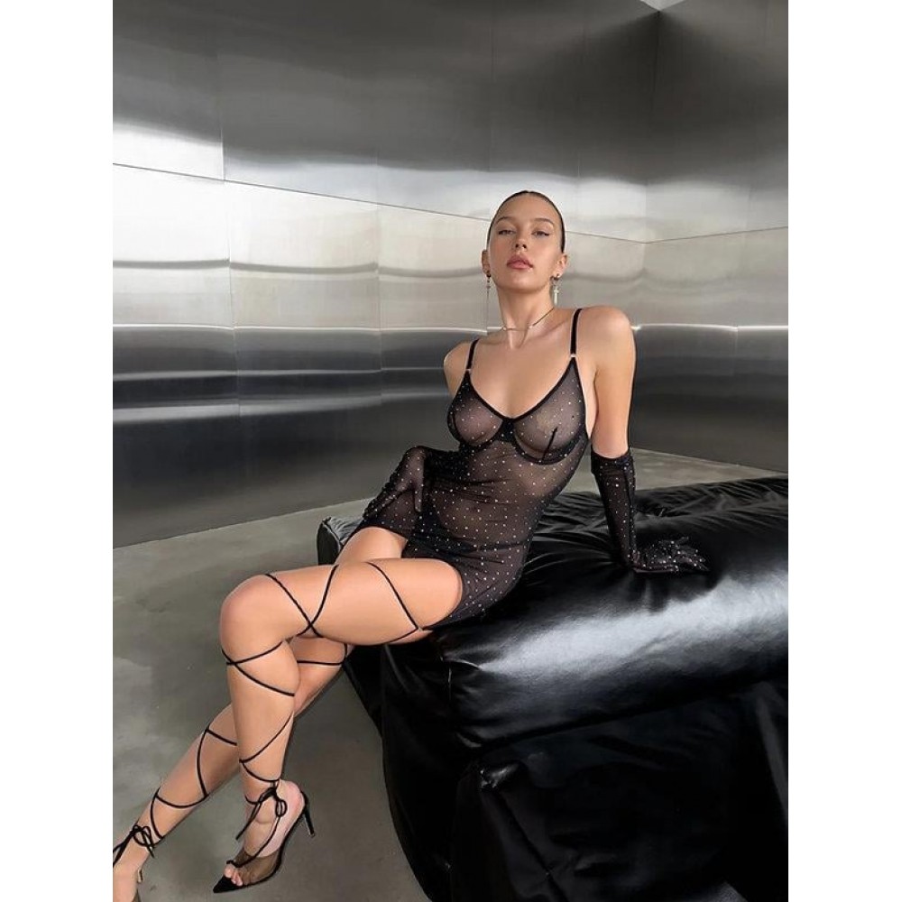 kadın siyah parlak baskılı tül transparan bacak bantlı gecelik(eldiven dahil değildir)