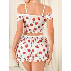 Kadın Çilek Desenli Fantezi Etekli Takım