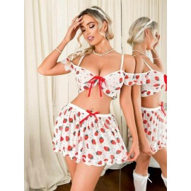 Kadın Çilek Desenli Fantezi Etekli Takım