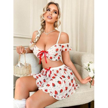 Kadın Çilek Desenli Fantezi Etekli Takım