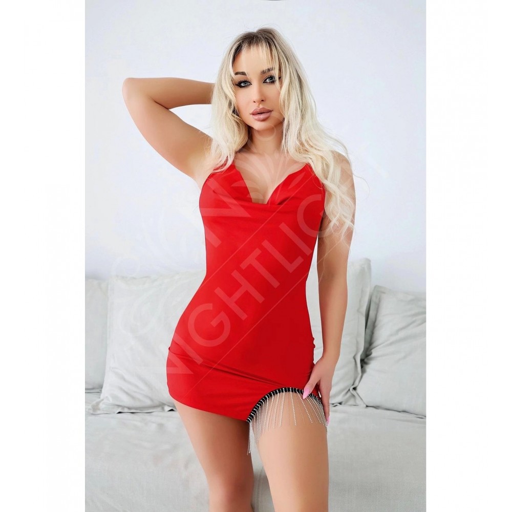 Bacak Kısmı Boncuk Detaylı Kırmızı Mini Fantazi Gecelik