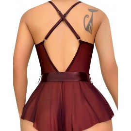 Kuşaklı Dantelli Kadın Fantazi Gecelik Bordo