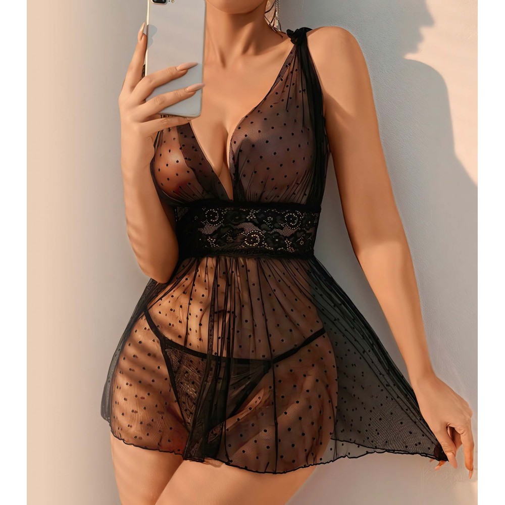 Puantiyeli Transparan Mini Fantazi Gecelik