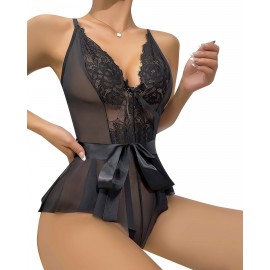Kuşaklı Dantelli Kadın Fantazi Gecelik siyah 