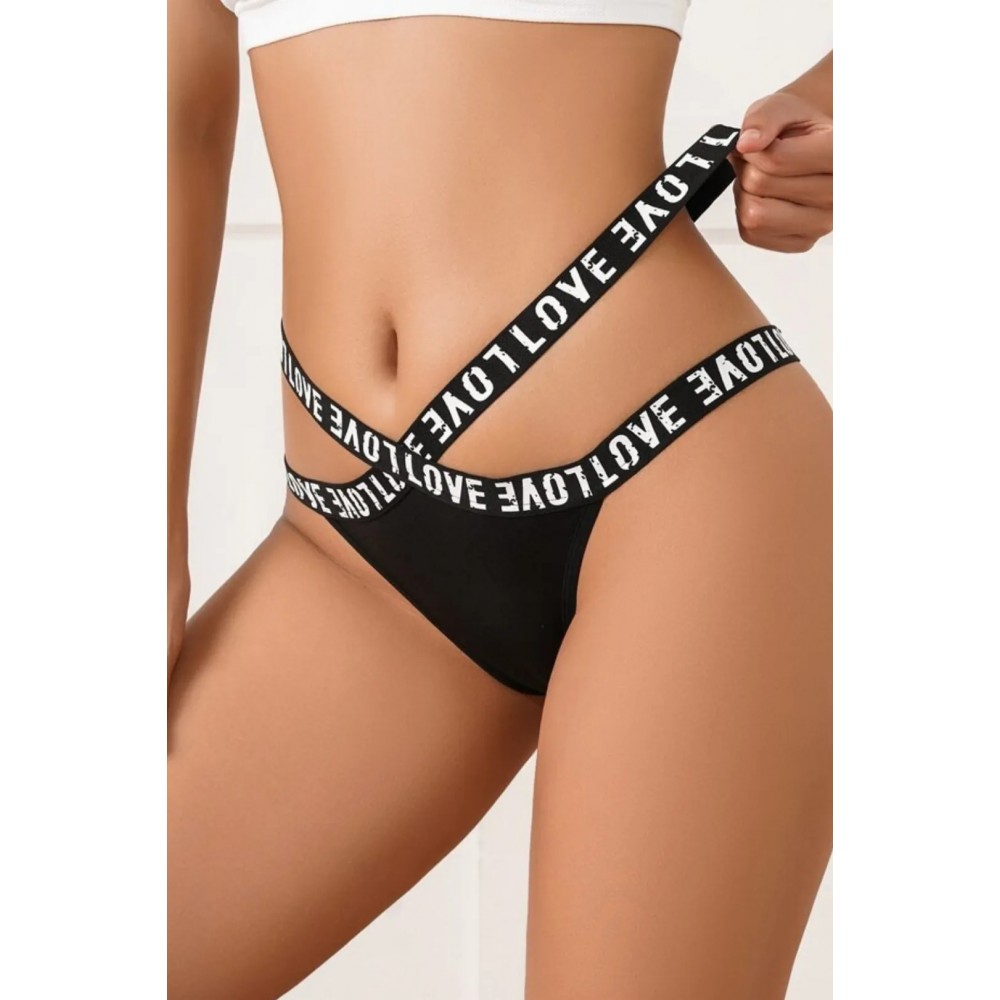Love Yazılı Şeritli Yüksek Bel Tanga