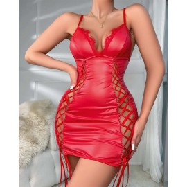 Askılı Parlak Kırmızı Dekolteli Lame Kadın Seksi Elbise