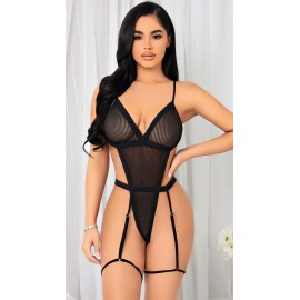  Siyah İp Detaylı Tül Fantezi Body