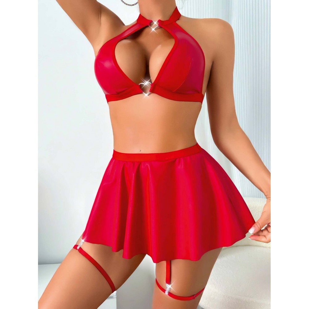 Kırmızı Seksi Mini Lame Deri Fantezi Kostüm